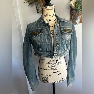 Dollhouse denim jacket‎ girls stretch edgy punk rock distressed beads on pockets